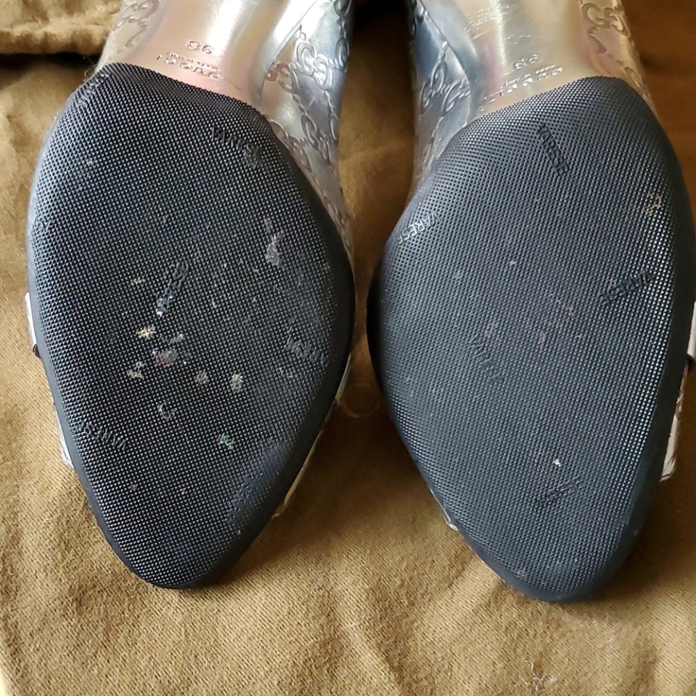 Gucci Silver GG Leather Shiny 4 inch Hill Open Toe - Picture 12 of 16